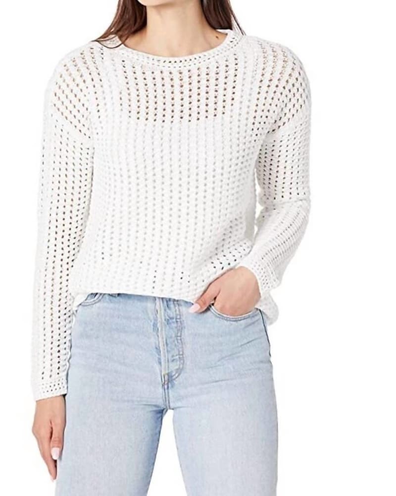 Front of a model wearing a size L Harper Crochet Sweater in White in White by Elliott Lauren. | dia_product_style_image_id:334467